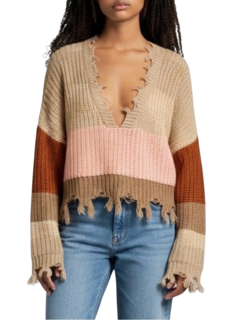 Storia color block striped distressed V neck cropped sweater